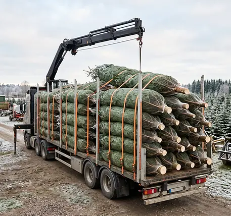 Nätade rödgranar lastade på lastbil för transport från Halland till Stockholm