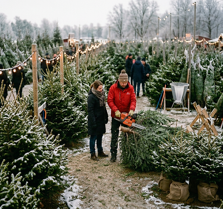 Julgransmarknad på Gärdet i Stockholm med granar, personal och besökare på plats.