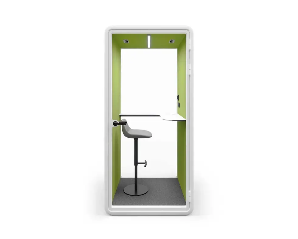 Thumbnail: Interior view of the Aura Solo office pod showing the adjustable stool, fold-down shelf table, and OSRAM LED lighting