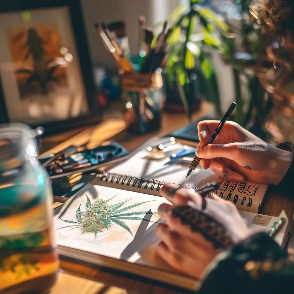 Hands sketching a cannabis leaf in a sunlit art studio. Brushes and a framed leaf picture in the background. Creative and calm atmosphere.