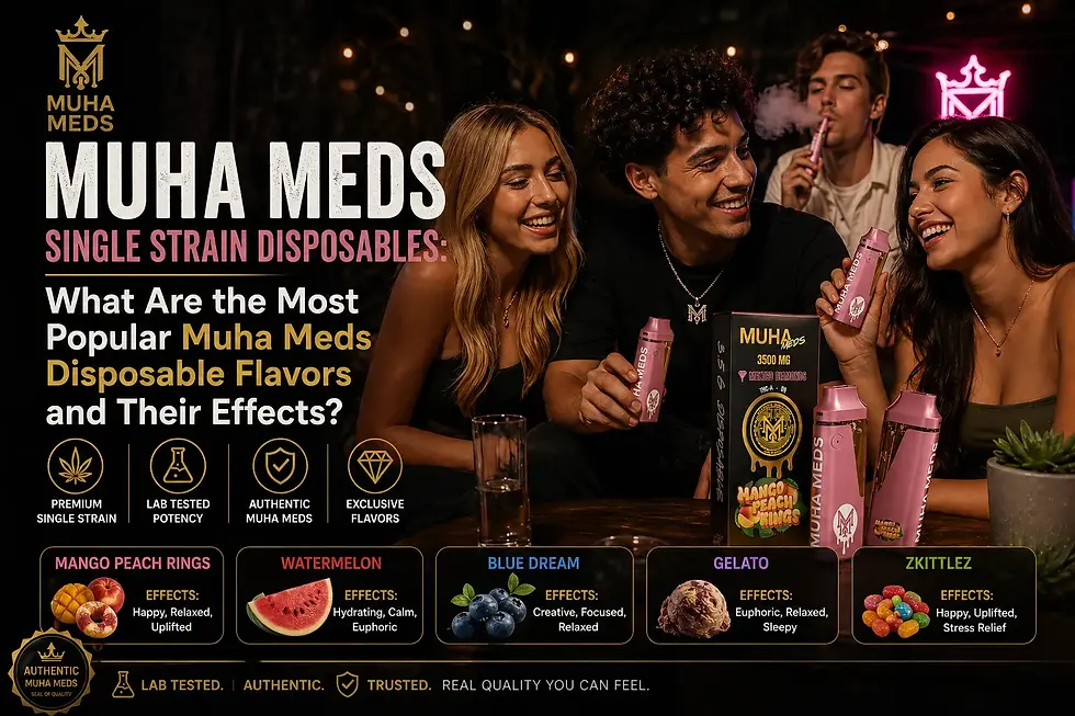 Smiling group with pink vapes and Muha Meds packaging. Neon light in background. Text lists popular flavors and effects. Warm, social mood.