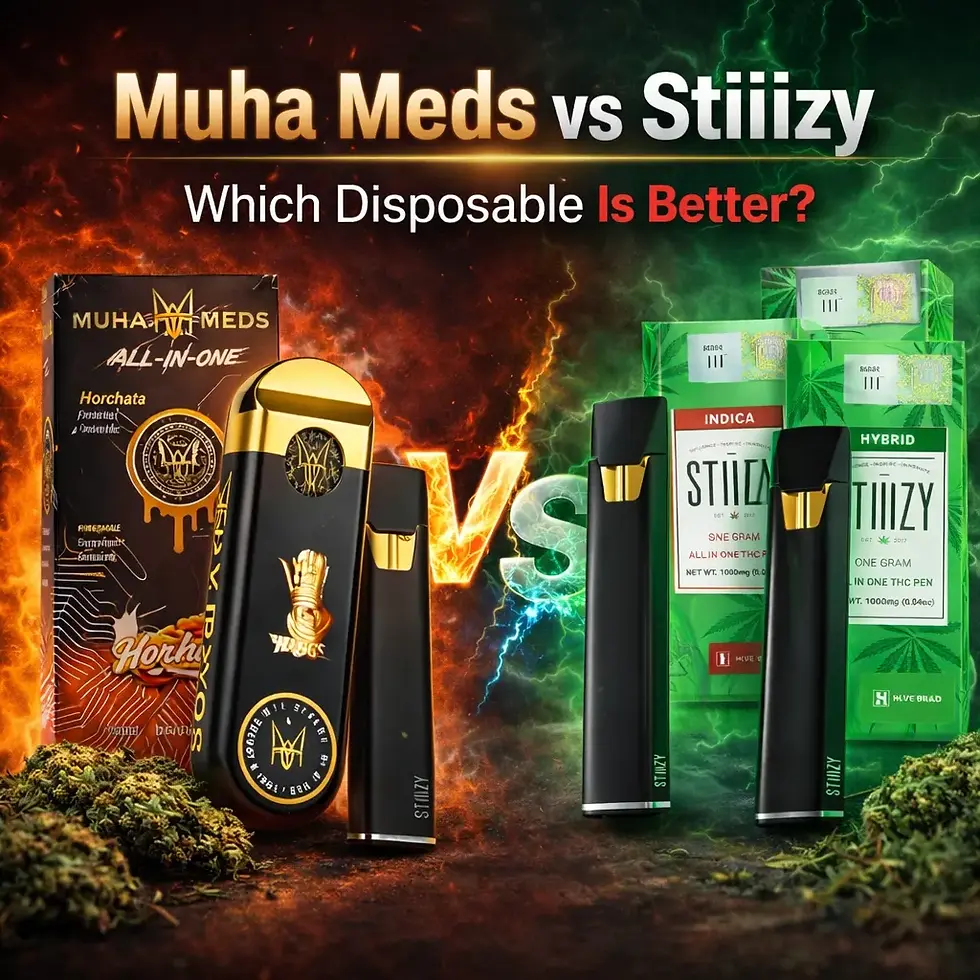 Muha Meds vs Stiiizy vape products displayed with fiery and leafy backgrounds. Text reads "Which Disposable Is Better?" with product packaging.