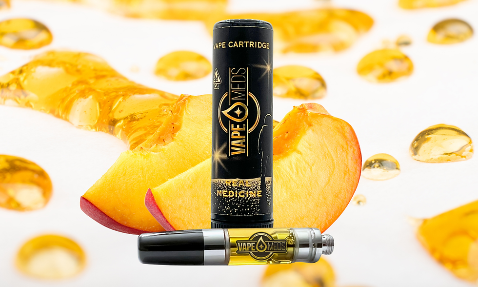 Vape cartridge labeled "Vape Meds" with peach slices and golden liquid drops on a white background. Bold black and gold design.