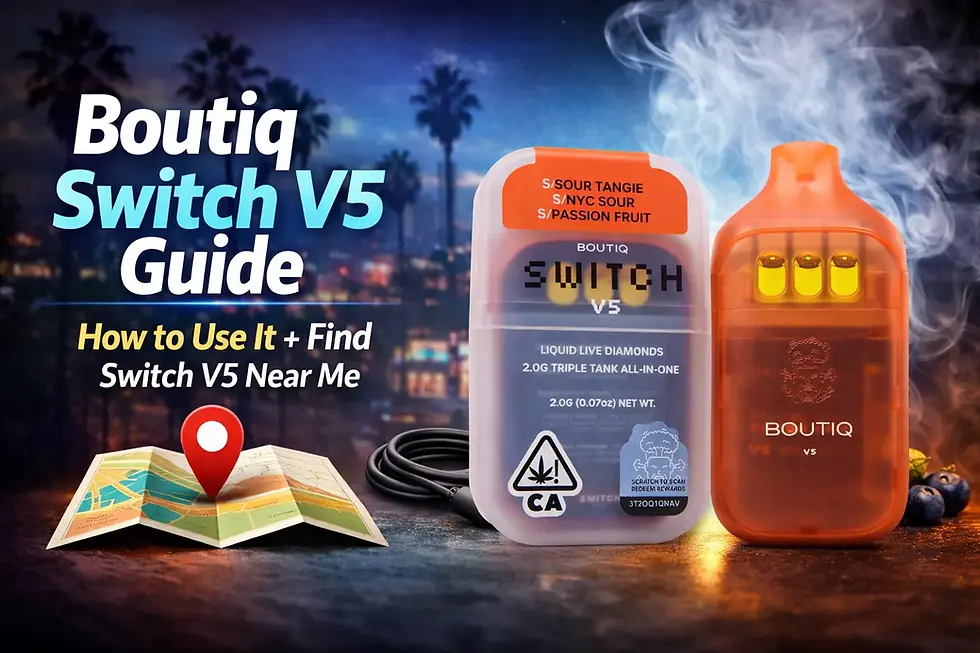Boutiq Switch V5 Guide cover. Orange and transparent devices exhaling vapor. Text: How to Use It + Find Switch V5 Near Me. Map with pin.