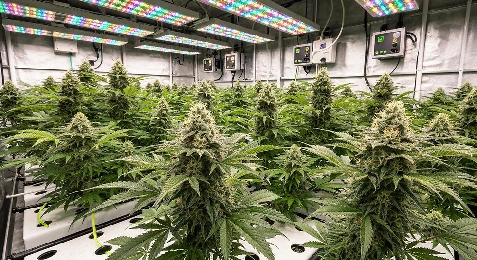 Rows of green cannabis plants in a greenhouse under colorful LED lights. White wall with control panels. Lush and vibrant setting.