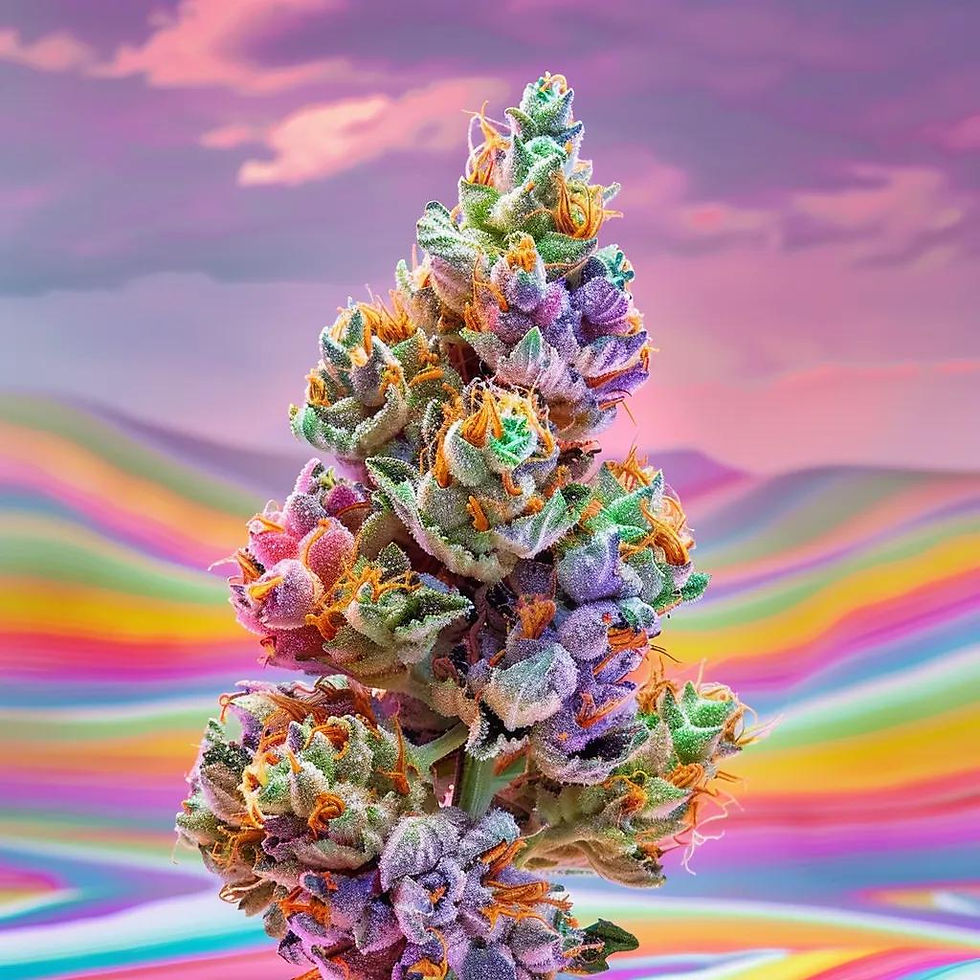 Colorful cannabis bud with vibrant green, purple, and orange hues against a psychedelic rainbow backdrop. Dreamy, surreal atmosphere.