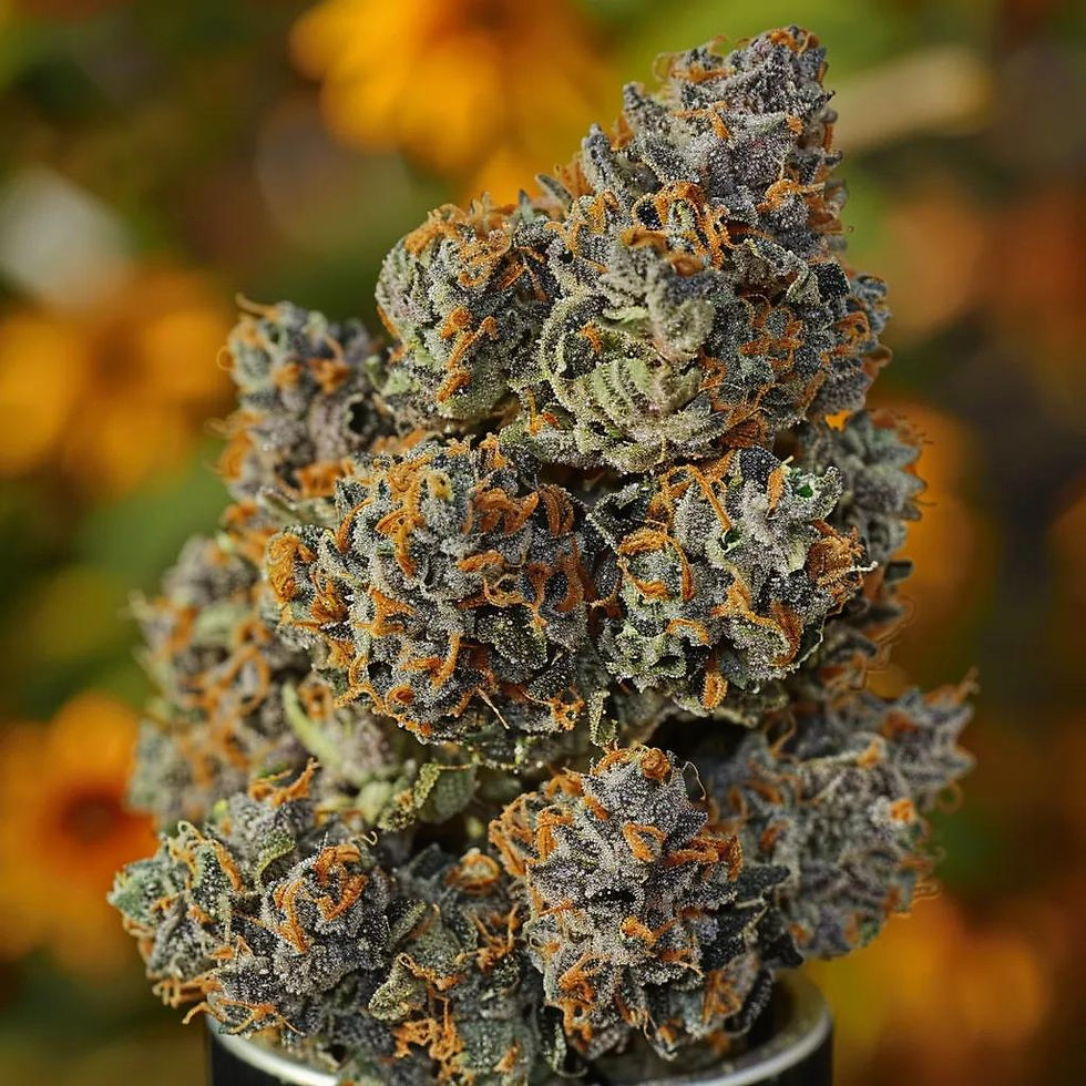 Close-up of frosty purple and orange cannabis buds, set against a blurred background of warm autumn colors, conveying a natural mood.