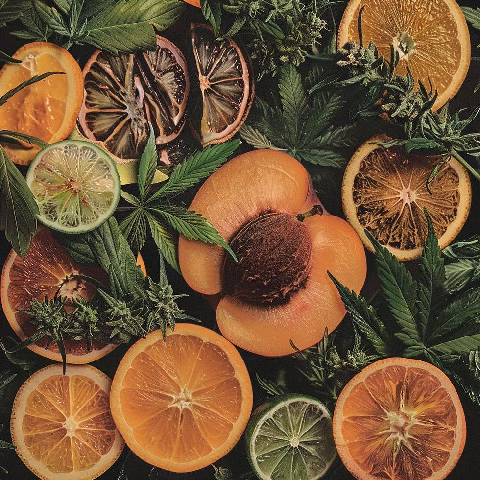 Slices of citrus fruits and a peach with green leaves arranged on a dark background. Earthy tones and fresh, vibrant textures create a natural feel.