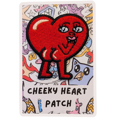 Close up of cheeky heart patch designed by Adam Macciocchi-Lancia in collaboration with Tizz & Tonic, a German-based underwear and accessories brand