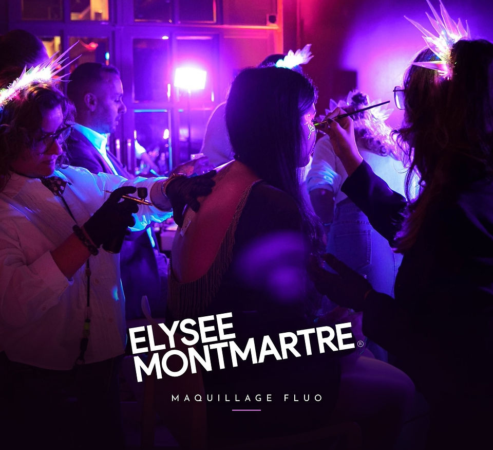 Maquilleuses Dream and Fairy en couronnes lumineuses réalisant un maquillage fluo à l'aérographe et au pinceau, soirée Ixina à l'Élysée Montmartre
