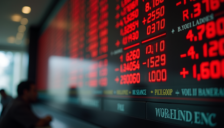 Eye-level view of a busy stock exchange board showing fluctuating stock prices