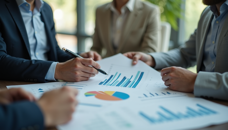 Close-up view of a financial advisor reviewing investment charts with a client