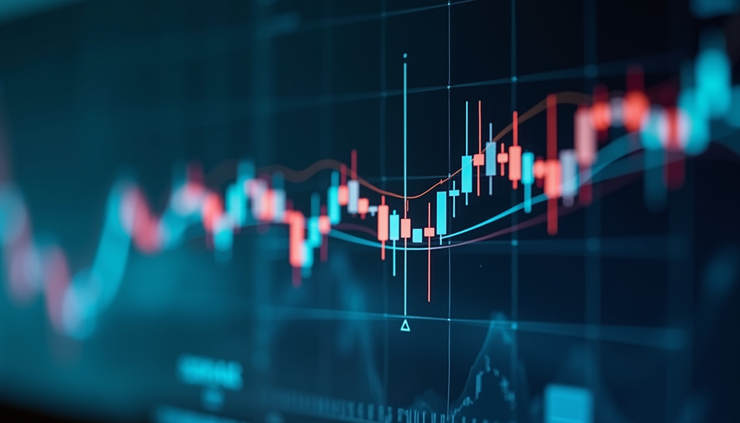 Close-up view of a digital stock market chart showing upward trends