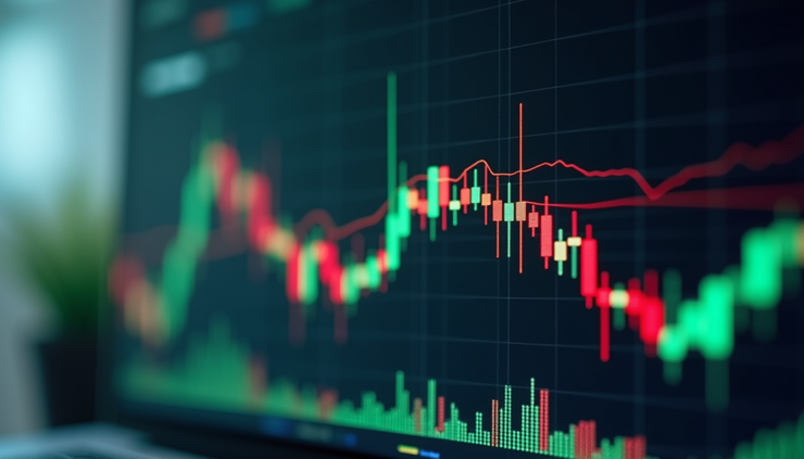 Eye-level view of a fluctuating stock market graph on a digital screen