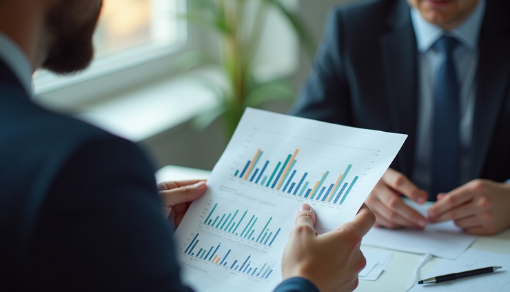 Close-up view of a financial advisor explaining stock charts to a client