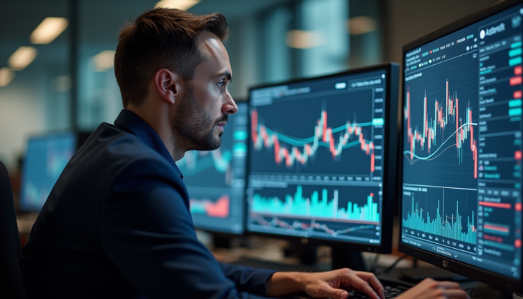 Eye-level view of a financial analyst reviewing stock charts on multiple screens