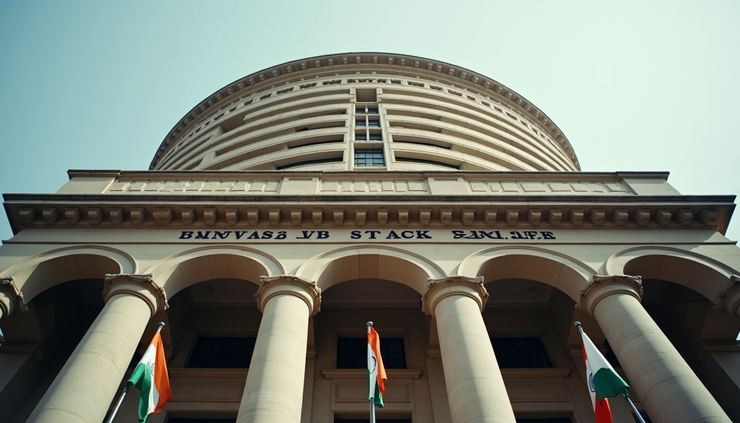 Eye-level view of the Bombay Stock Exchange building with Indian flags fluttering