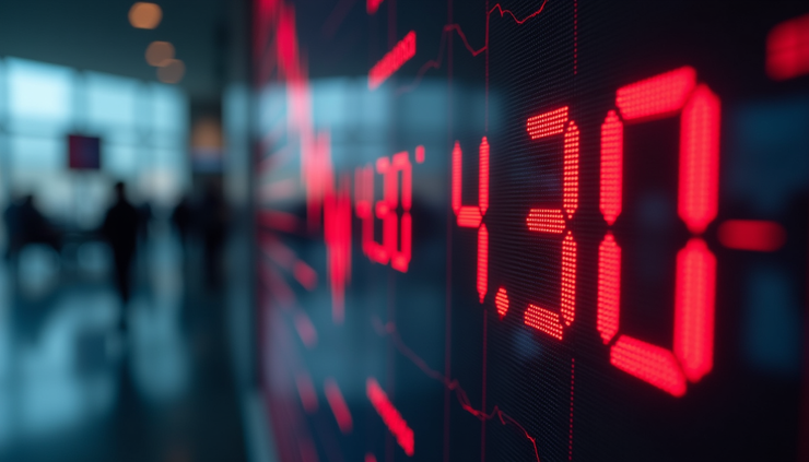 Eye-level view of a digital stock market board showing declining numbers