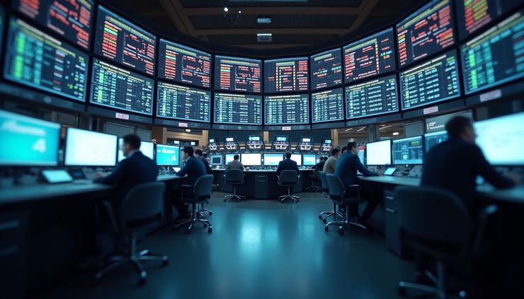Eye-level view of a modern stock exchange trading floor with digital screens showing market data