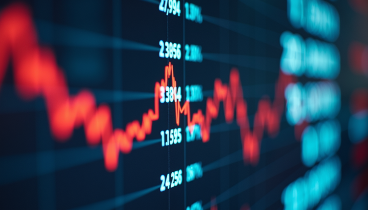 Eye-level view of a stock market ticker displaying fluctuating prices