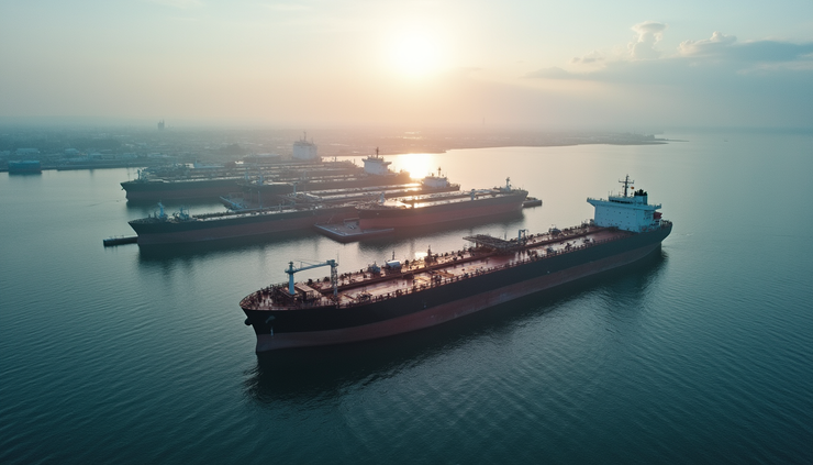High angle view of oil storage tanks near a busy port with tankers docked