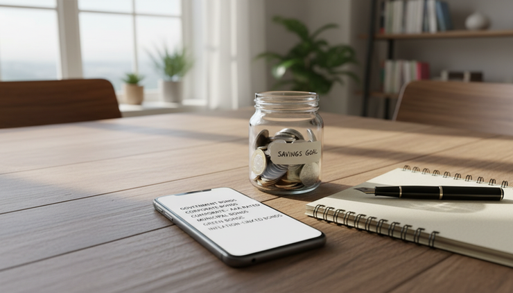 Wide-angle view of a smartphone with bond options beside a notebook and savings jar