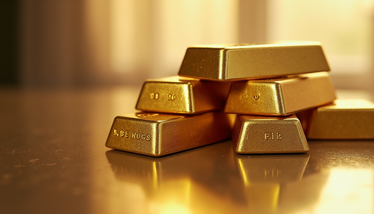 Close-up view of gold bars stacked on a reflective surface
