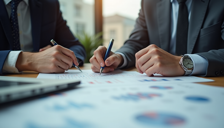 Close-up view of a financial advisor discussing investment charts with a client