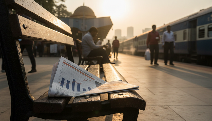 Wide-angle view of an Indian railway platform with a financial newspaper on a wooden bench