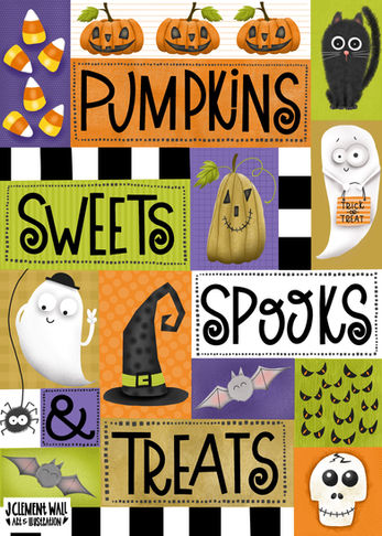 Pumpkins, Sweets, Spooks & Treats Halloween illustration by J Clement Wall
