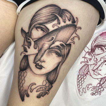 lady head tattoo, with Japanese finger wave designs and a whale tattoo