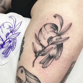 bird tattoo, finch tattoo, flora and fauna design tattooed in Time and Tide tattoo studio in Falmouth, Cornwall.