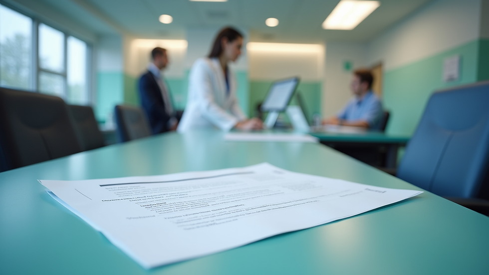 Eye-level view of hospital reception desk with complaint forms