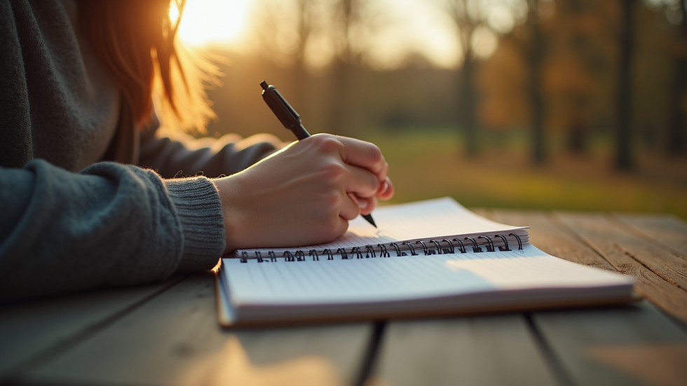 Eye-level view of a person reflecting while journaling outdoors