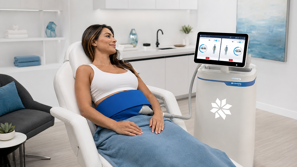 Woman in medical aesthetic clinic chair receiving a CoolSculpting treatment.