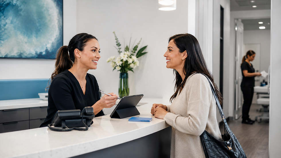 Smiling receptionist talks with a woman at a modern clinic desk, with a tablet, phone, flowers, and a staffer in back.