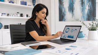 Woman in black scrubs reviews blue analytics charts on a laptop in a bright office, holding a stylus.