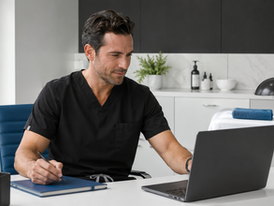 Man in black scrubs writes in a notebook while using a laptop in a bright spa treatment room with towels and plants.