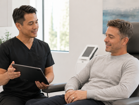 Two men in a bright clinic, one in black scrubs showing a tablet to a smiling seated patient in a chair.