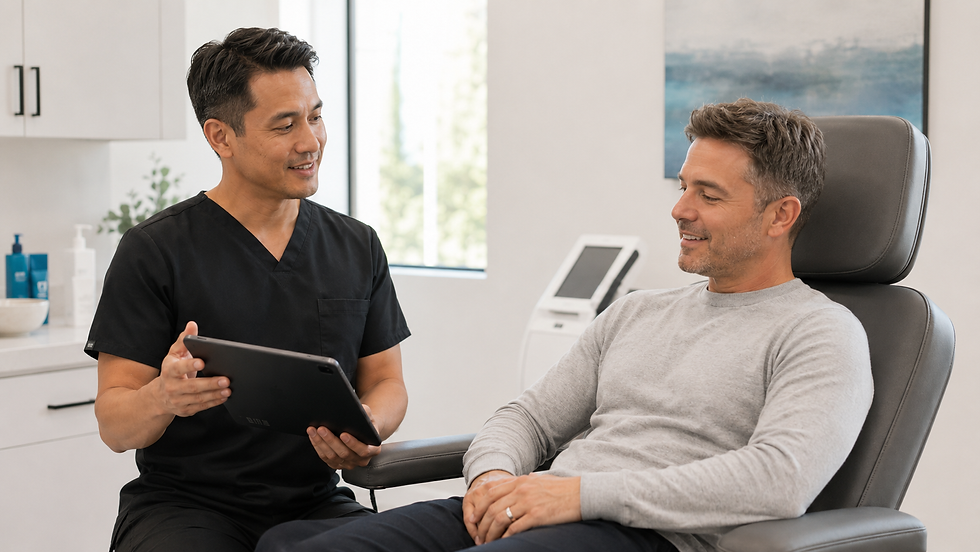 Two men in a bright clinic, one in black scrubs showing a tablet to a smiling seated patient in a chair.