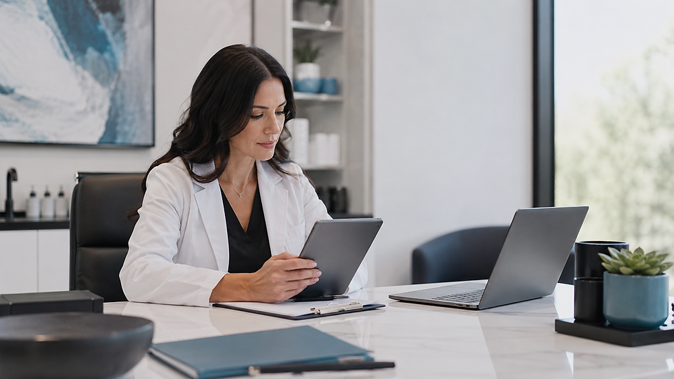 Woman in white lab coat studies a tablet at a desk beside an open laptop in a bright office, with a focused, calm mood.