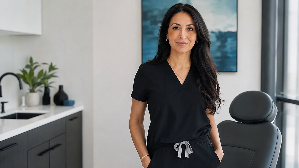Smiling woman in black scrubs stands in a modern clinic room with sink, plant, blue wall art, and exam chair.