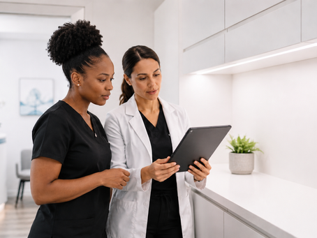 Two female clinicians in a bright clinic review a tablet together, focused and calm, with white cabinets and a small plant nearby.