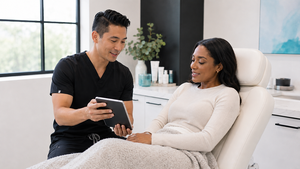 Doctor shows a tablet to a relaxed woman in a bright clinic, with skincare products and a calm, friendly mood.