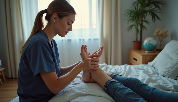 High angle view of a mobile foot care professional examining a patient’s foot