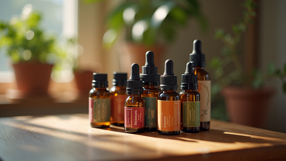 High angle view of a beautiful essential oil collection on a table
