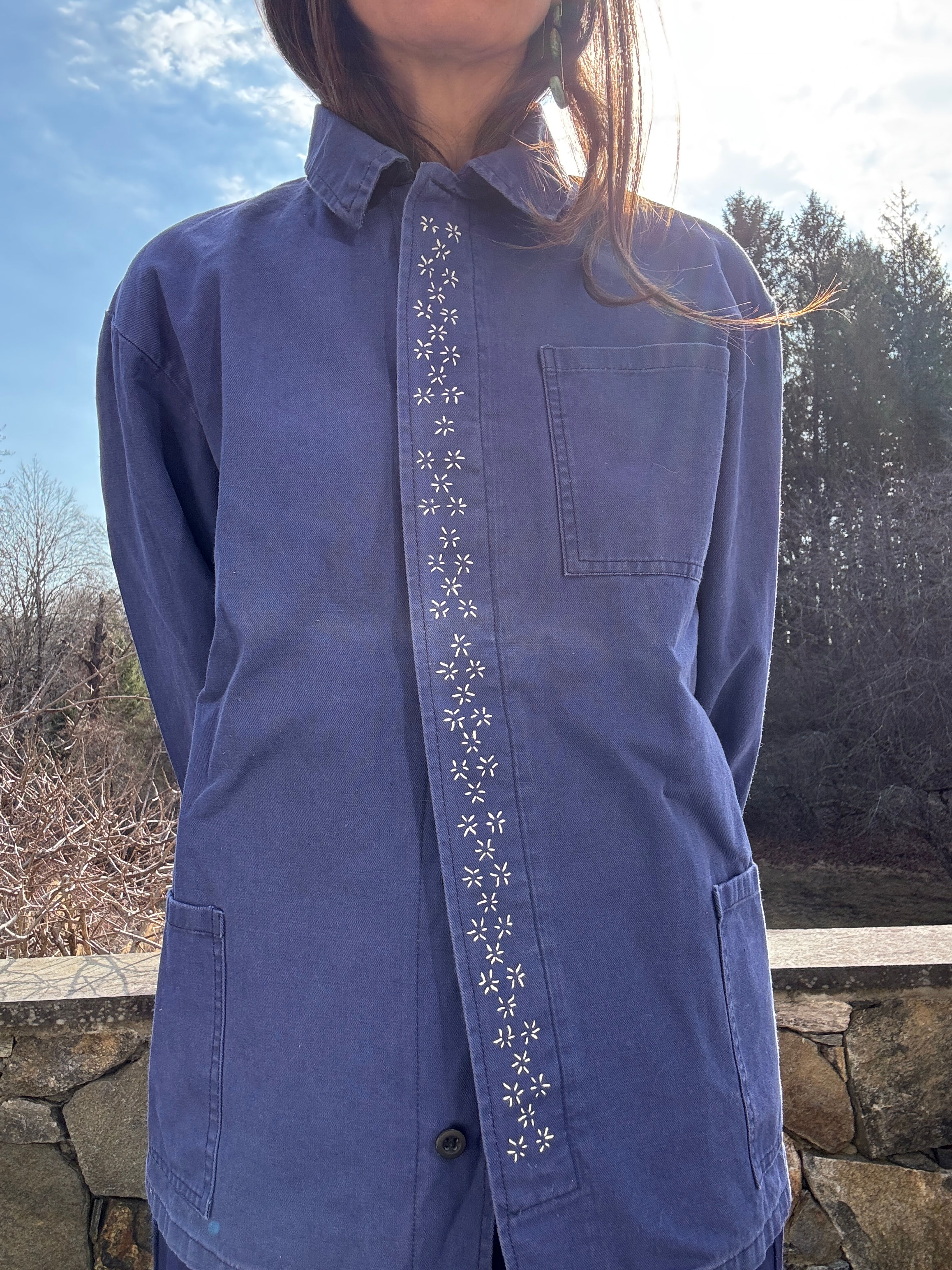 1940's French Chore Jacket with Sashiko Flower Stitching