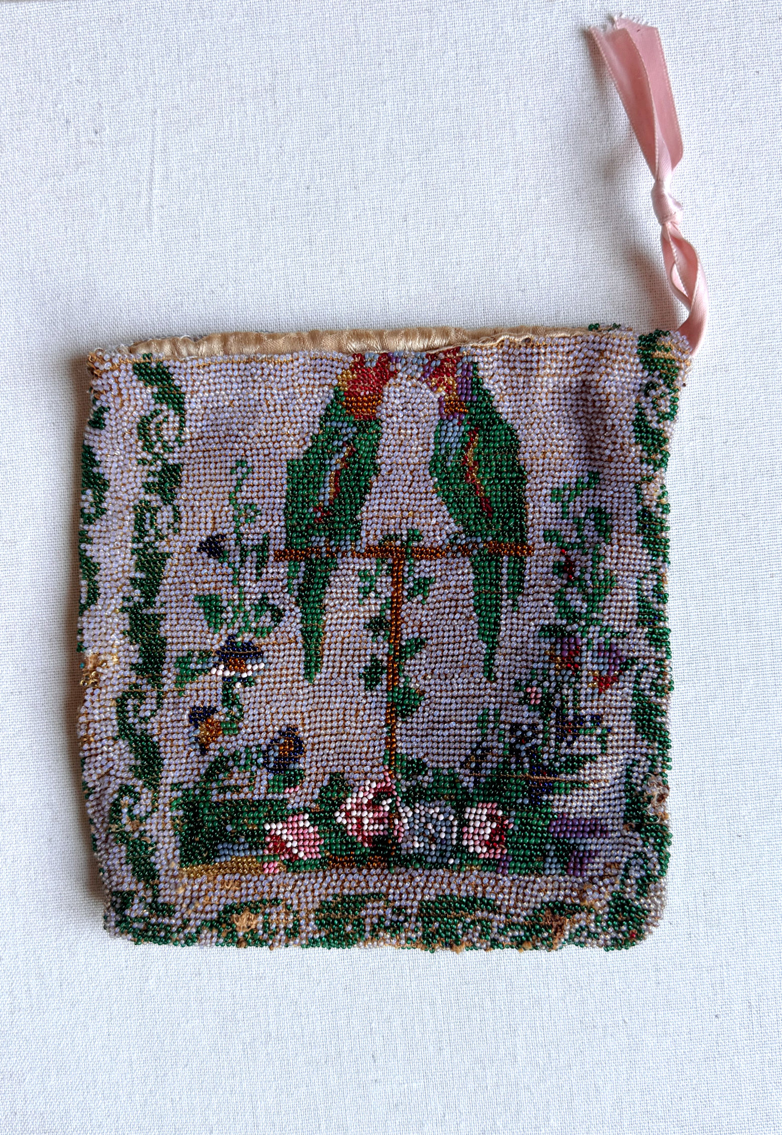 1920s French Hand-Beaded Pictorial Drawstring Bag