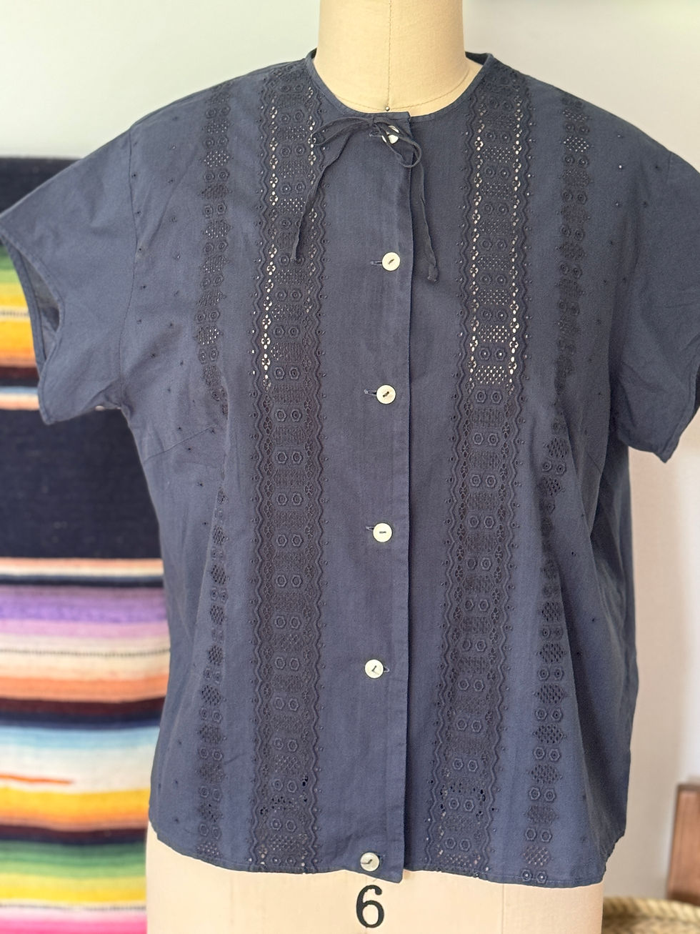 Thumbnail: Antique French Cotton Eyelit Top with Navy Over-Dye