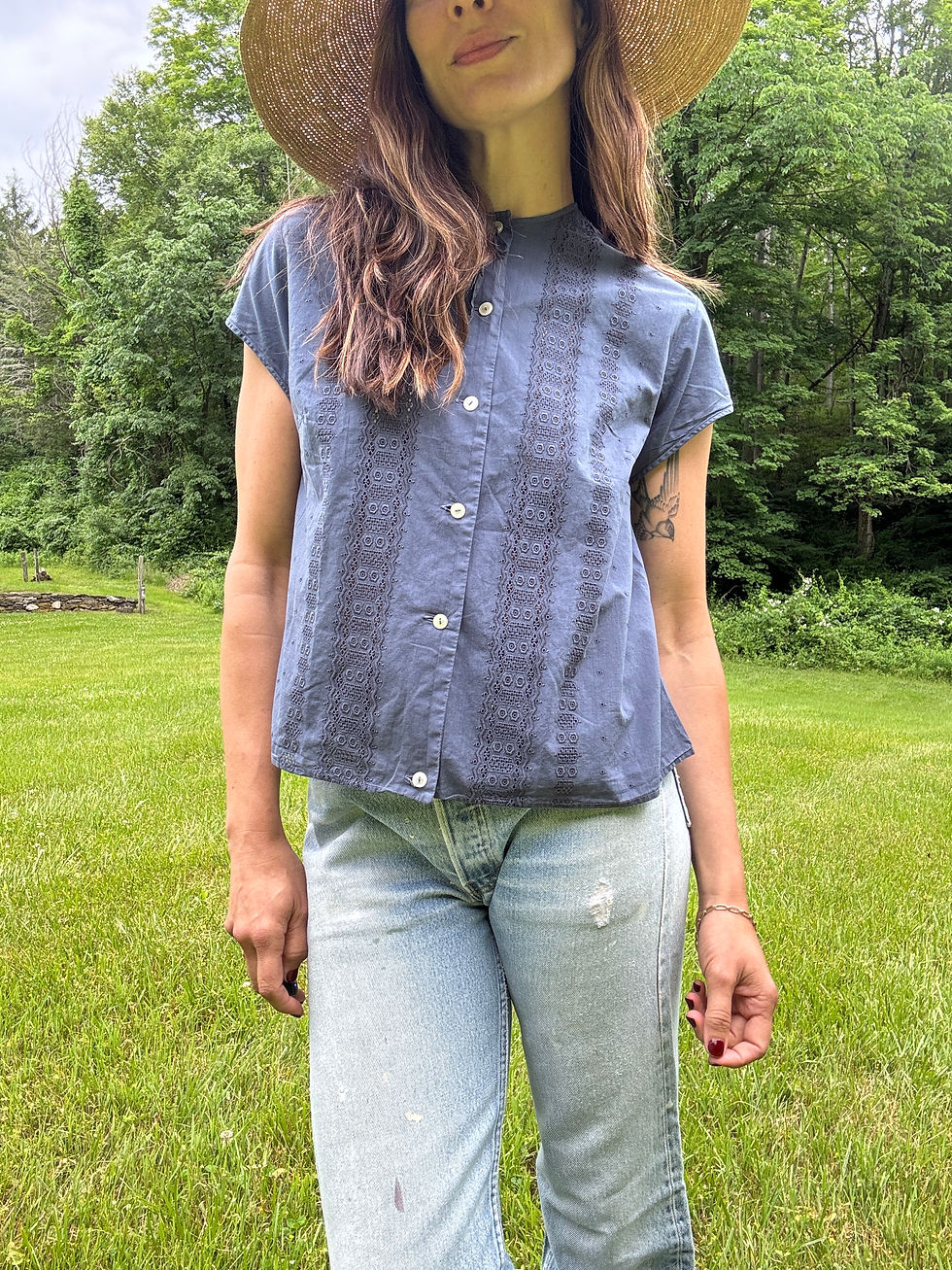 Thumbnail: Antique French Cotton Eyelit Top with Navy Over-Dye